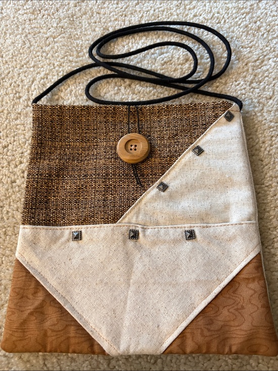 Handmade Handbags - Handmade Boho Patchwork Crossbody Bag in Brown and Cream Tones with Studs - New